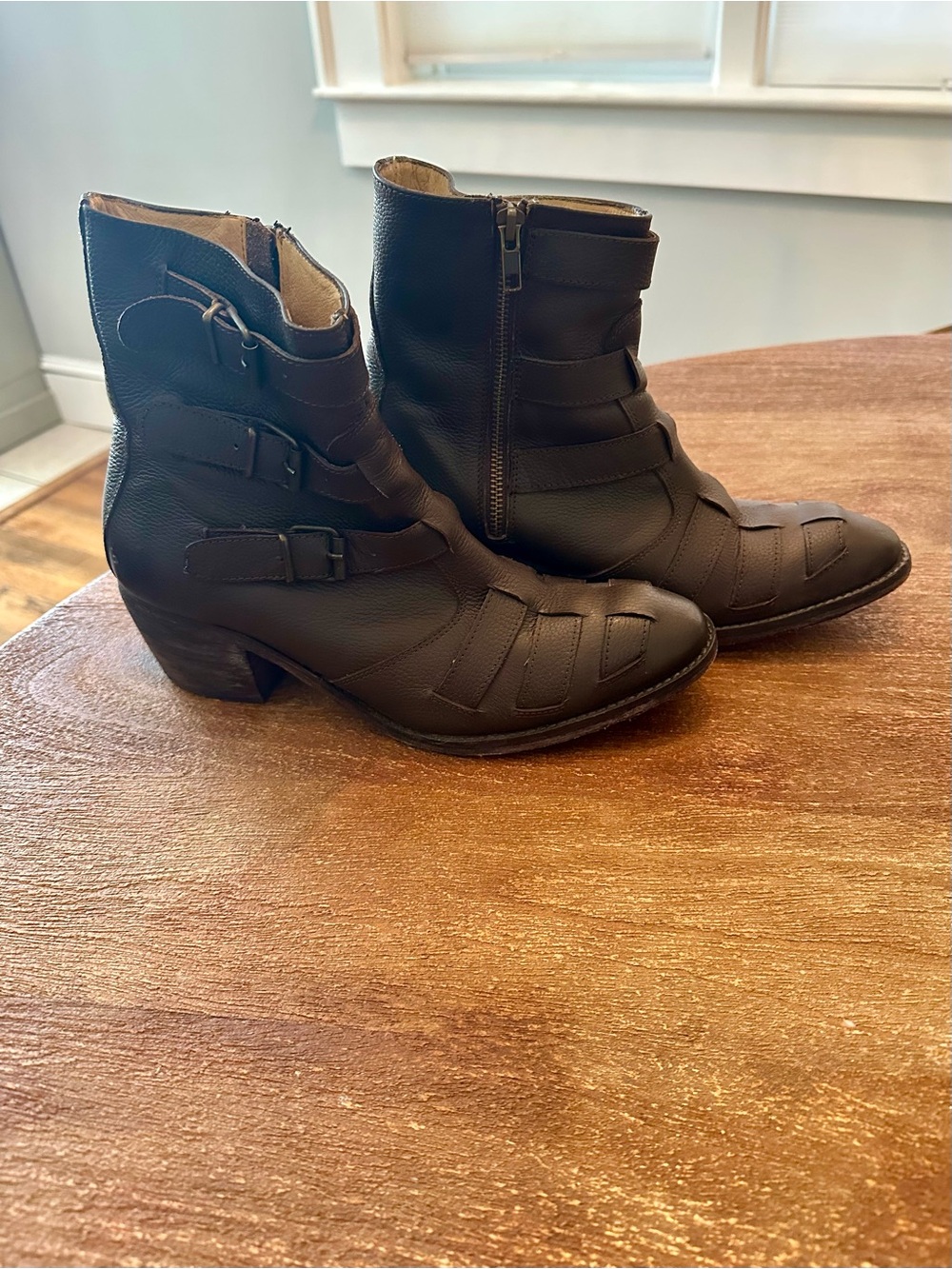 Anthropologie Farylrobin Lammi Brown Leather Ankle Booties with Buckle Detail
